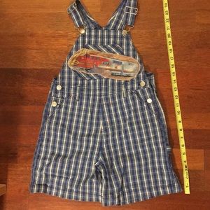 Overall shorts- one of a kind with train patches